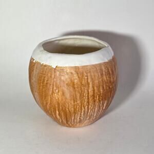 Vintage Coconut Shaped Tiki Mug Cup Brown White Ceramic